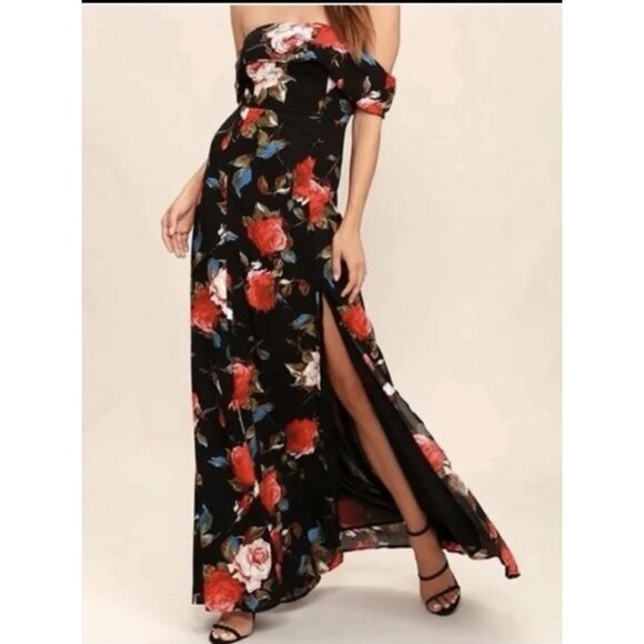 Lulus Black Red Floral Off The Shoulder Maxi Dress Zipper Small Size - Picture 3 of 10